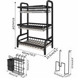 Dish Rack 3 Tier Dish Dryer Drainer Stainless Steel Dish Drying Rack Drip Trays Side Holder Kitchen Storage Save Space - Front View