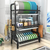 Dish Rack 3 Tier Dish Dryer Drainer Stainless Steel Dish Drying Rack Drip Trays Side Holder Kitchen Storage Save Space - Low Angle