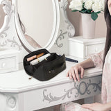 Large Travel Cosmetic Bag Portable Make up Makeup Bag Waterproof PU Leather Storage Black - Close-Up Angle