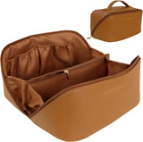 Large Travel Cosmetic Bag Portable Make up Makeup Bag Waterproof PU Leather Storage Brown - Front View