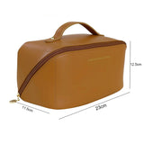 Large Travel Cosmetic Bag Portable Make up Makeup Bag Waterproof PU Leather Storage Brown - Top-Down View