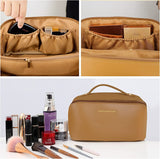 Large Travel Cosmetic Bag Portable Make up Makeup Bag Waterproof PU Leather Storage Brown - 45-Degree Angle