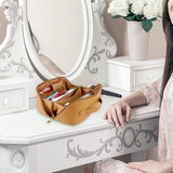 Large Travel Cosmetic Bag Portable Make up Makeup Bag Waterproof PU Leather Storage Brown - Rear View