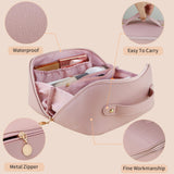 Large Travel Cosmetic Bag Portable Make up Makeup Bag Waterproof PU Leather Storage Pink - Top-Down View