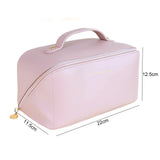 Large Travel Cosmetic Bag Portable Make up Makeup Bag Waterproof PU Leather Storage Pink - Close-Up Angle