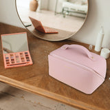 Large Travel Cosmetic Bag Portable Make up Makeup Bag Waterproof PU Leather Storage Pink - Low Angle