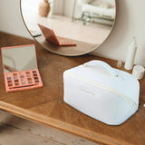 Large Travel Cosmetic Bag Portable Make up Makeup Bag Waterproof PU Leather Storage White - Close-Up Angle