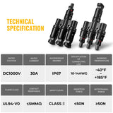 Triple Waterproof T Branch Connectors for Solar Panels - Male & Female Set - Rear View