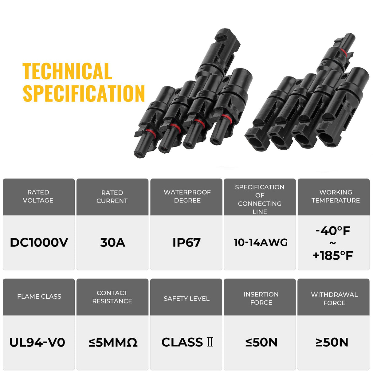 1 Pair Waterproof T-Branch Solar Connectors - 1 Male to 4 Female & 1 Female to 4 Male
