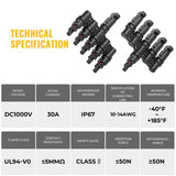 5-In-1 Waterproof Solar PV Cable Connectors - Male & Female T Branch Connectors for Paralleling Solar Panels
