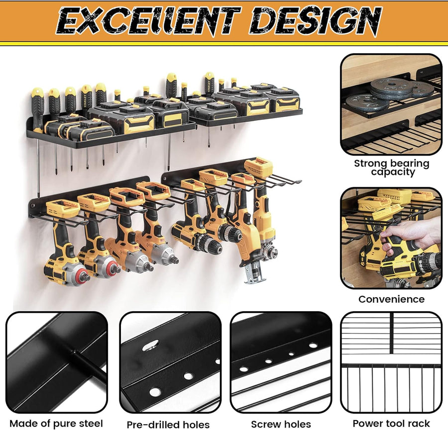 Power Tool Organizer Drill Holder Wall Mount Garage Storage Shelves Rack Wall Storage Organizer Set, Wall Mounted