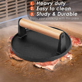 Heavy Duty Round Cast Iron Grill Burger Press Pre-Seasoned Steak Griddle BBQ Grilling - 45-Degree Angle