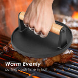 Heavy Duty Round Cast Iron Grill Burger Press Pre-Seasoned Steak Griddle BBQ Grilling - Rear View