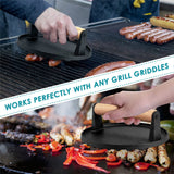 Heavy Duty Round Cast Iron Grill Burger Press Pre-Seasoned Steak Griddle BBQ Grilling - Close-Up Angle