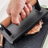 Heavy Duty Rectangular Cast Iron Grill Burger Press Pre-Seasoned Steak Griddle BBQ Grilling - Side View