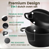 26cm 2-in-1 Cast Iron Dutch Oven & Skillet Set  Pre-Seasoned Dual-Use Pot with Lid Fry Pan, Durable & Versatile Cookware - Side View