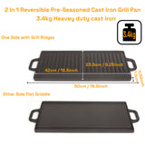 50 cm Reversible Cast Iron Grill & Griddle -Dual-Sided (Flat & Ribbed), Pre-Seasoned, Handles, for Stove-Top & Outdoor Use - Front View