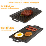 50 cm Reversible Cast Iron Grill & Griddle -Dual-Sided (Flat & Ribbed), Pre-Seasoned, Handles, for Stove-Top & Outdoor Use - Side View