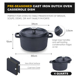 24cm Pre-seasoned NonStick Cast Iron Dutch Oven Handles Lid Skillet Cookware Braising Pot Pan Casserole - Side View