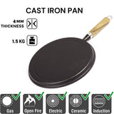 Pre-Seasoned 26cm Cast Iron Fry Pan Cookware Heat-Resistant Wooden Handle - Front View