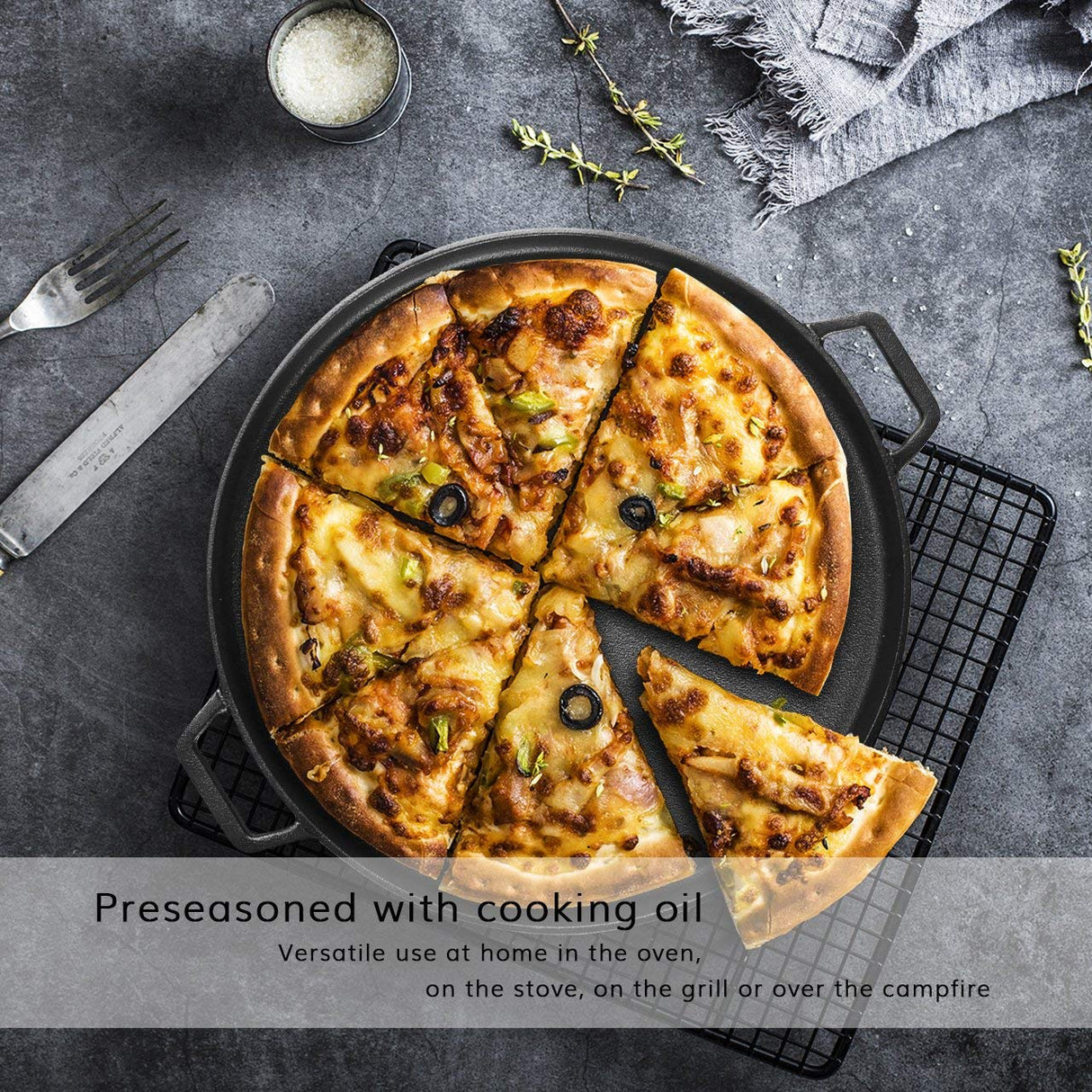 13.5 35cm Pre-Seasoned Cast Iron Pizza Baking Pan Cooking Griddle Stove Oven Grill Campfire