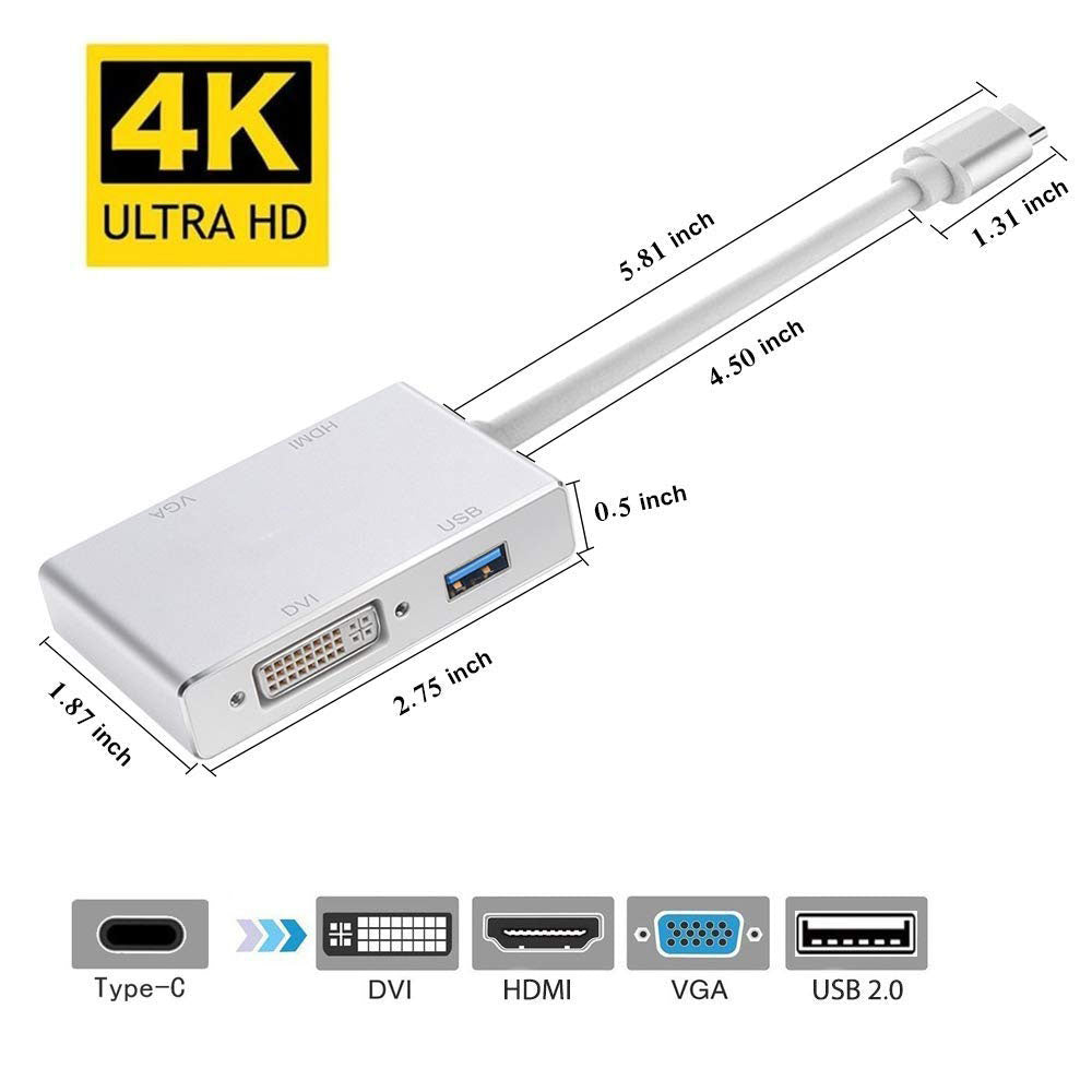 Multi-Function USB 3.1 Type-C Hub to 4K HDMI/DVI/VGA Video Adapter