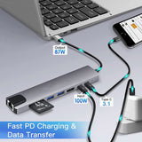 8in1 USB C Adapter 4K HDMI PD USB C Port USB 3.0 RJ45 SD/TF Card Reader Docking Station MacBook Ipad Pro Laptop - 45-Degree Angle