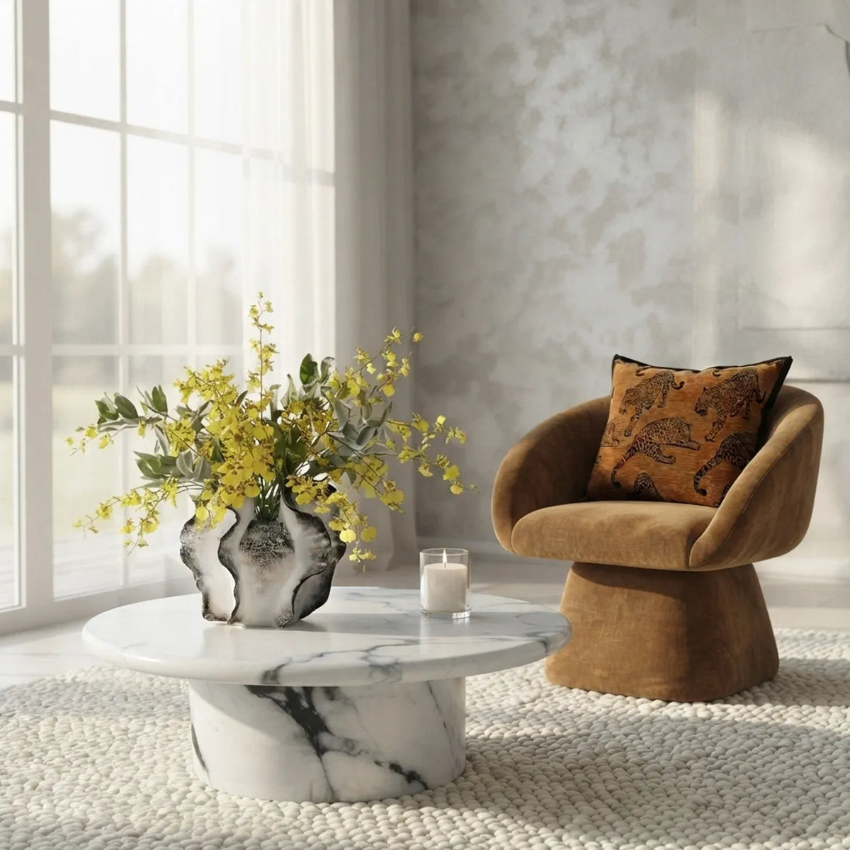 Interior Ave - Nobu Round Sculptural Stone Coffee Table - Panda Marble Finish