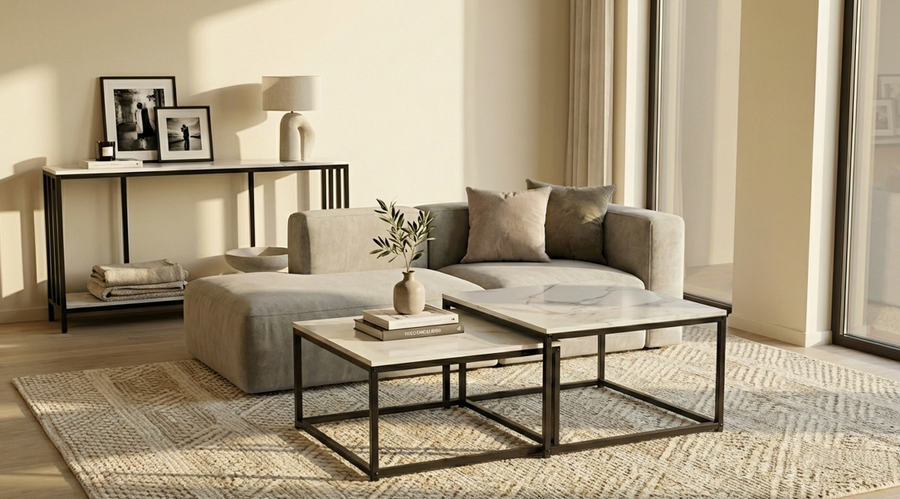 Interior Ave - Ciest Square Nested Coffee Table Set - White Marble Stone