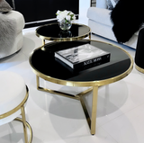 Interior Ave - Designer Giselle Black Glass & Brushed Gold Coffee Table Set - Side View