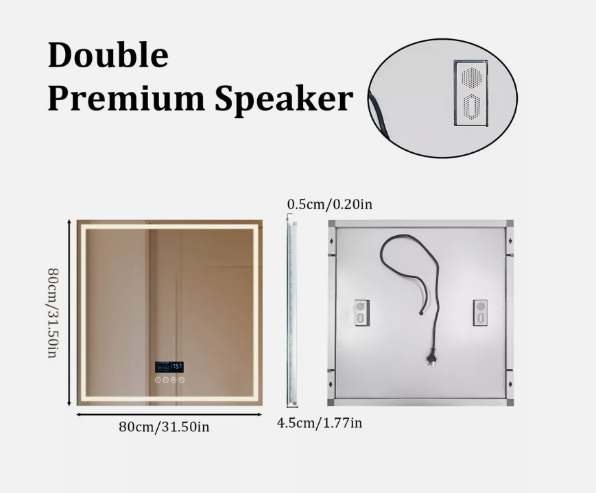Interior Ave - 80 x 80cm Square Frameless LED Bathroom Mirror – Bluetooth