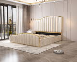 Elegant Luxury King Size Bedframe in Beige with Gas Lift Storage Velvet Fabric Golden Trim - Top-Down View