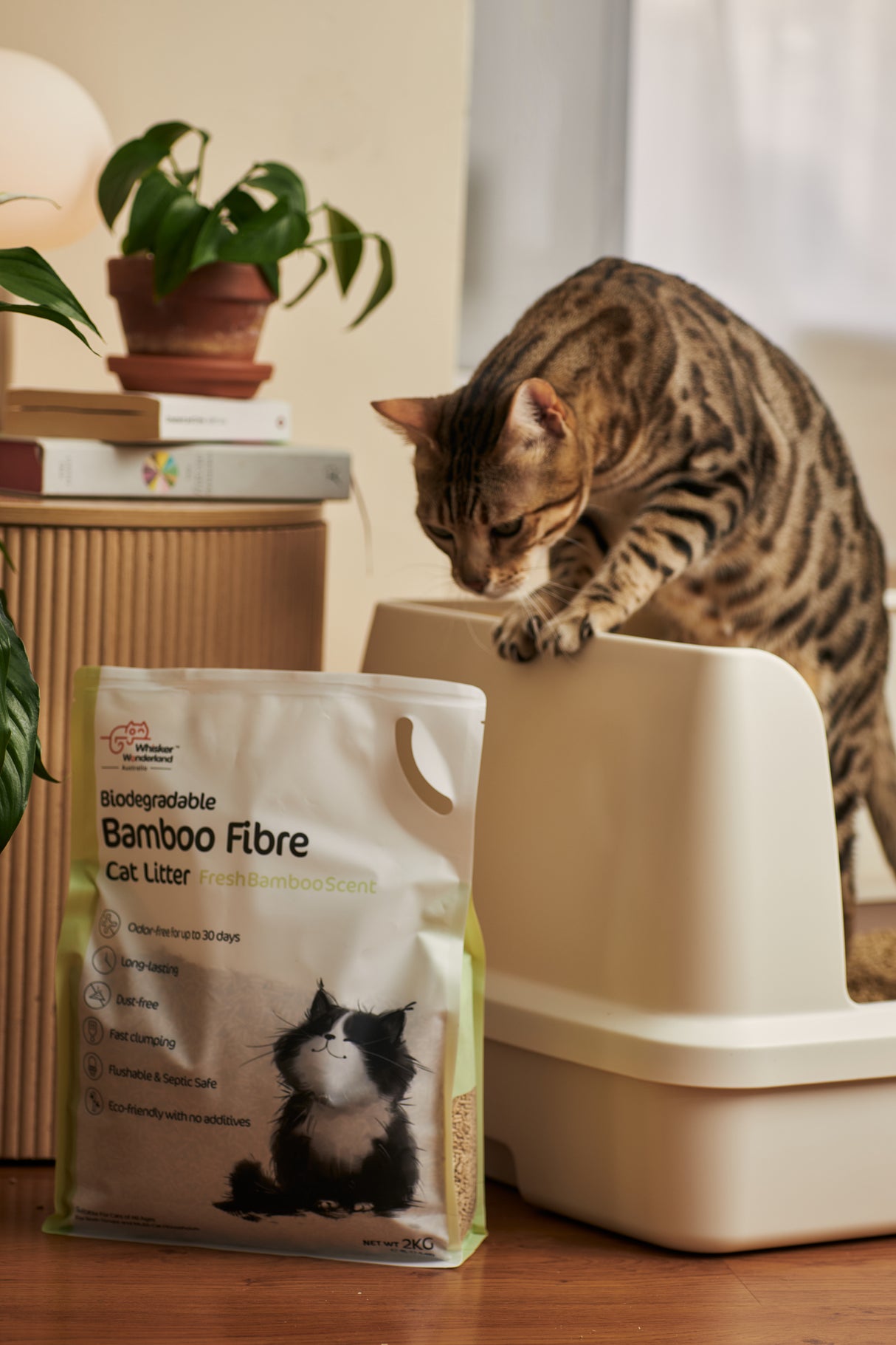 Whisker Wonderland Premium Biodegradable Bamboo Fibre Cat Litter 2KG - Fresh Bamboo Scent | Superior Odour Control, Fast Clumping & Flushable | Pet &