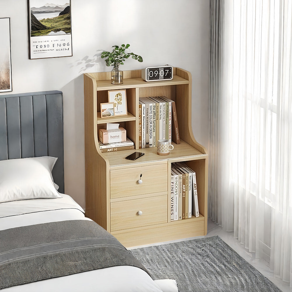 2x bedside table set wooden drawers lockable storage bedroom furniture