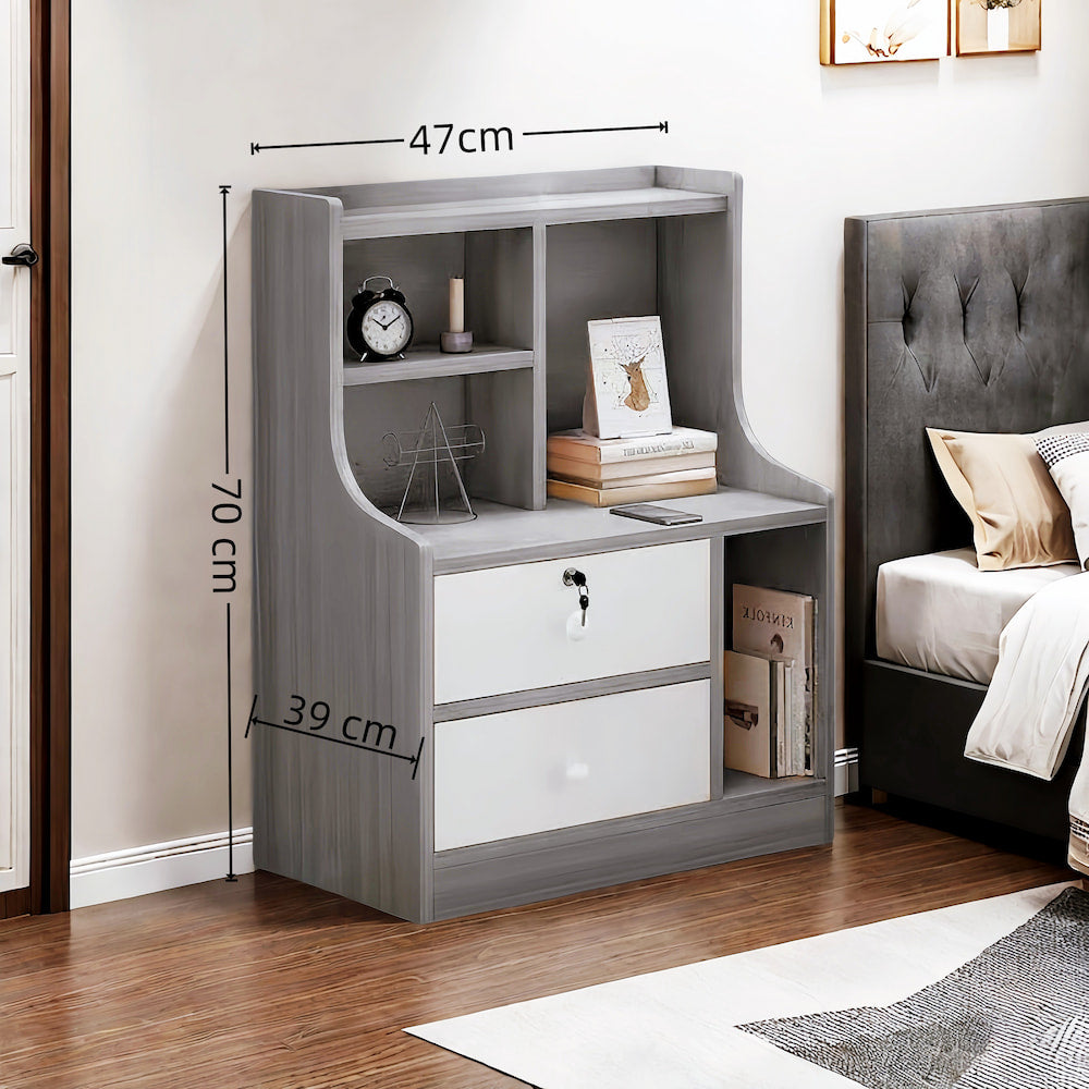 2x bedside table pair lockable drawer curved sides modern design bedroom