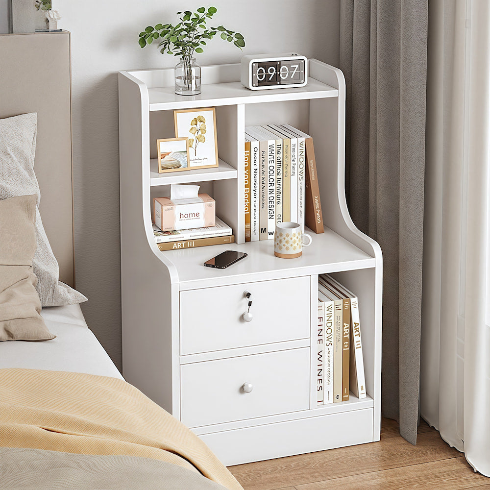 2x Bedside table set modern minimalist lockable drawer open storage unit