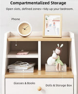 Warm White Nightstand Wooden Legs Knobs Open Storage Two Drawers Modern Design - 45-Degree Angle