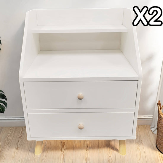 2x Bedside table set modern design wooden legs white drawers furniture