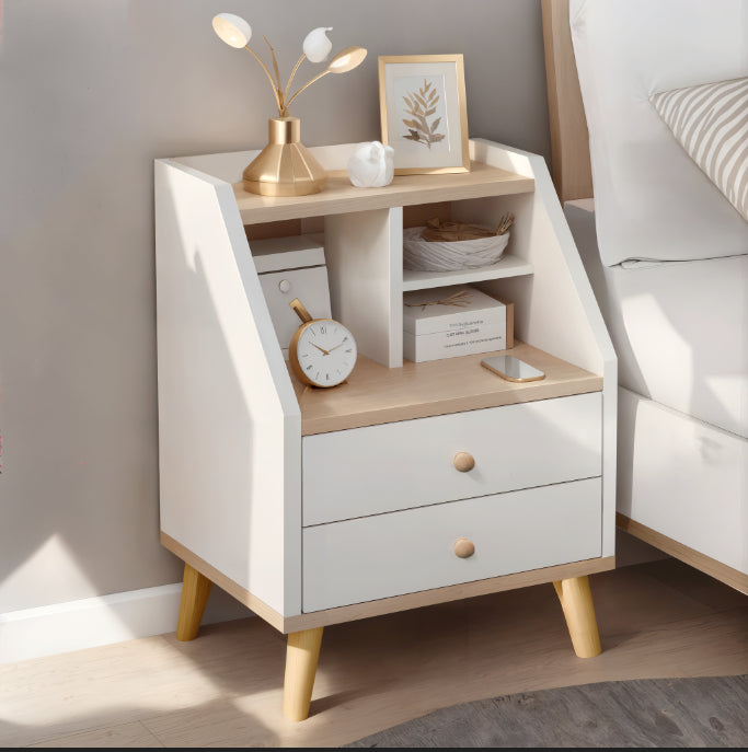 2x bedside table set wood grain drawers curved design bedroom furniture