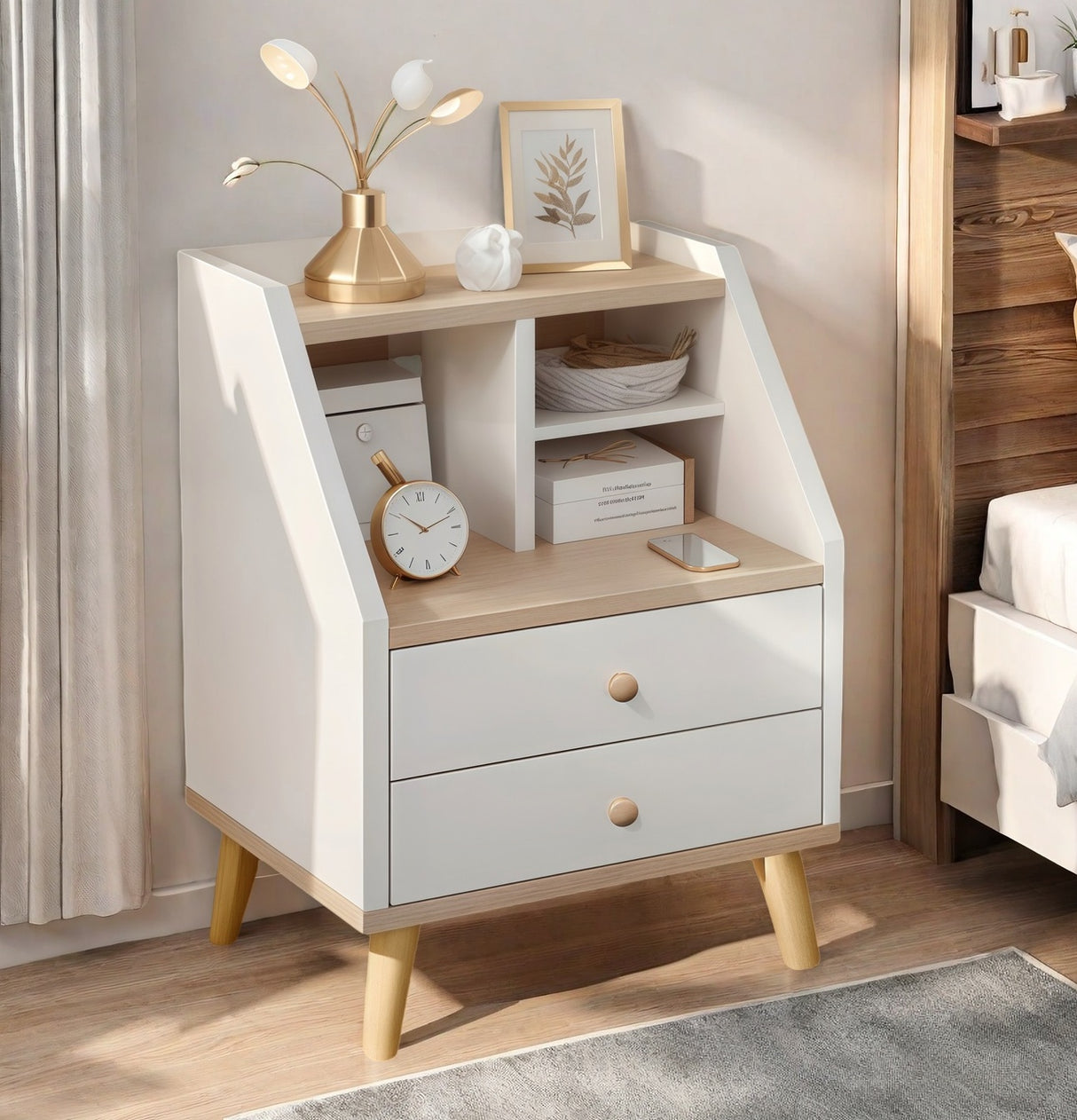 2x bedside table set wood grain drawers curved design bedroom furniture