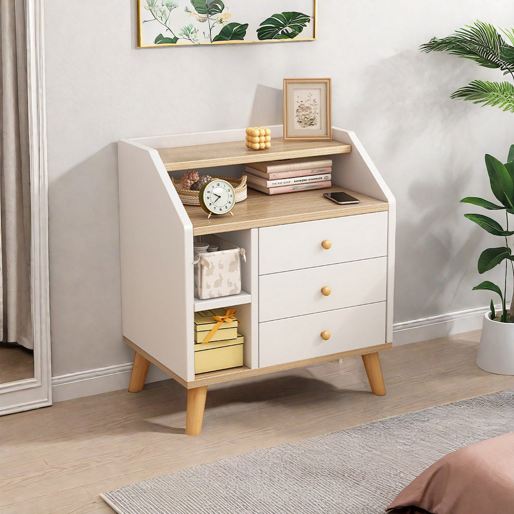 2x bedside table set wood grain drawers curved design bedroom furniture