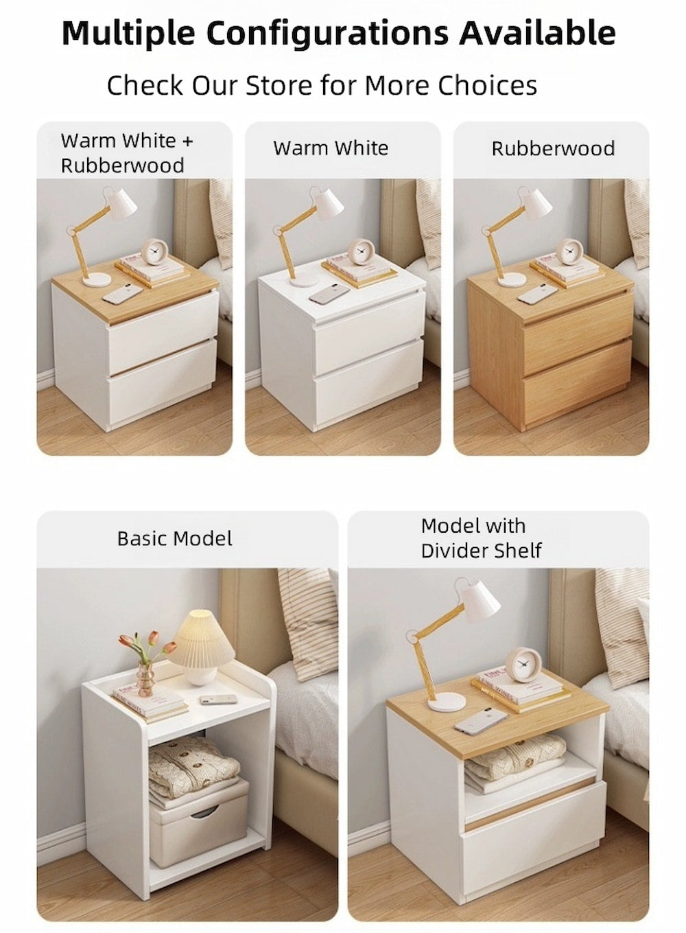 2x Bedside table set with drawer and shelf, minimalist white design, 2 pieces
