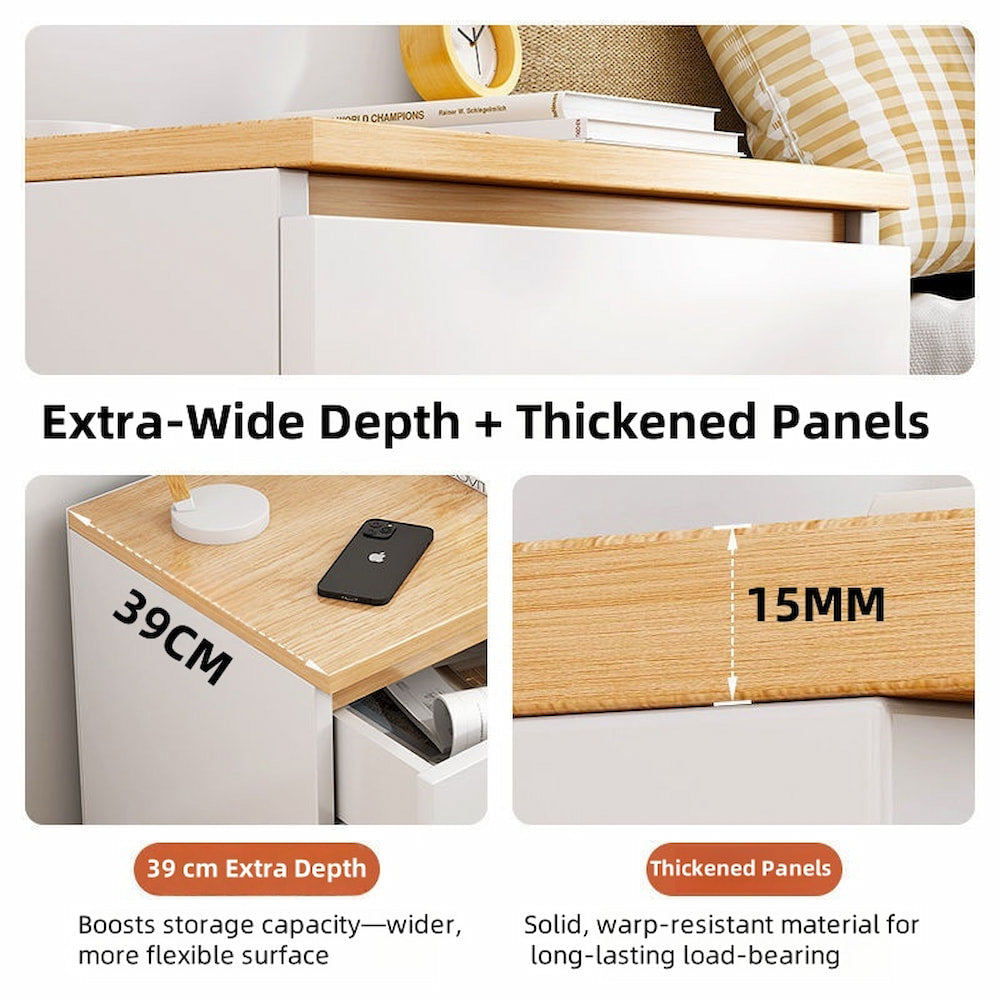 2x Bedside table set with drawers, minimalist design, warm white finish