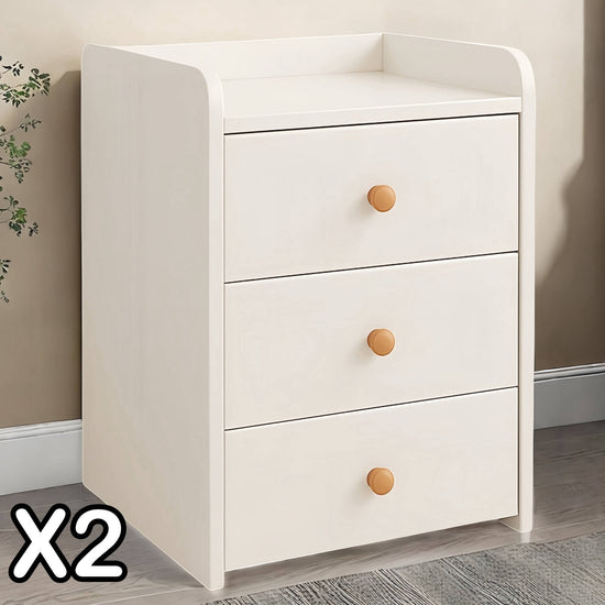 2x Bedside Table Pair White 3 Drawers Wooden Knobs Modern Minimalist Design