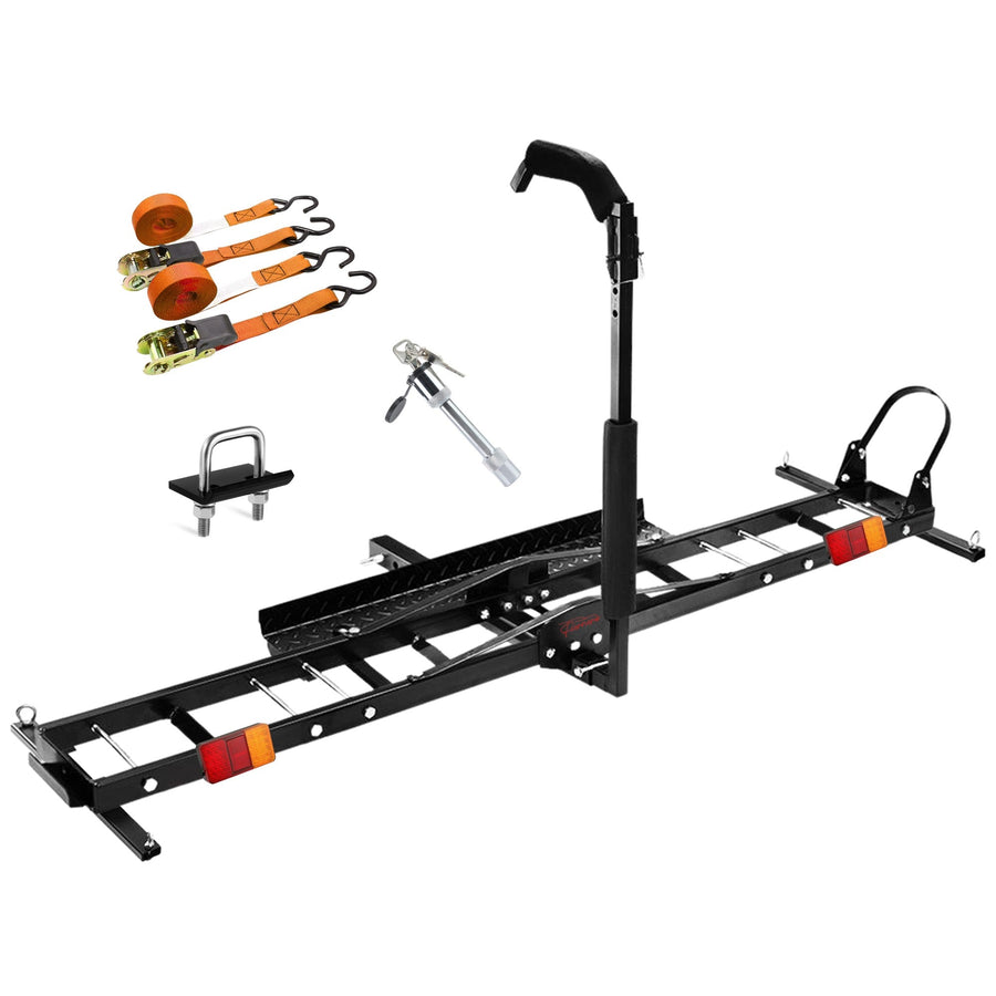 Black steel hitch-mounted motorcycle carrier rack with loading ramp, detachable double-side loading ramp