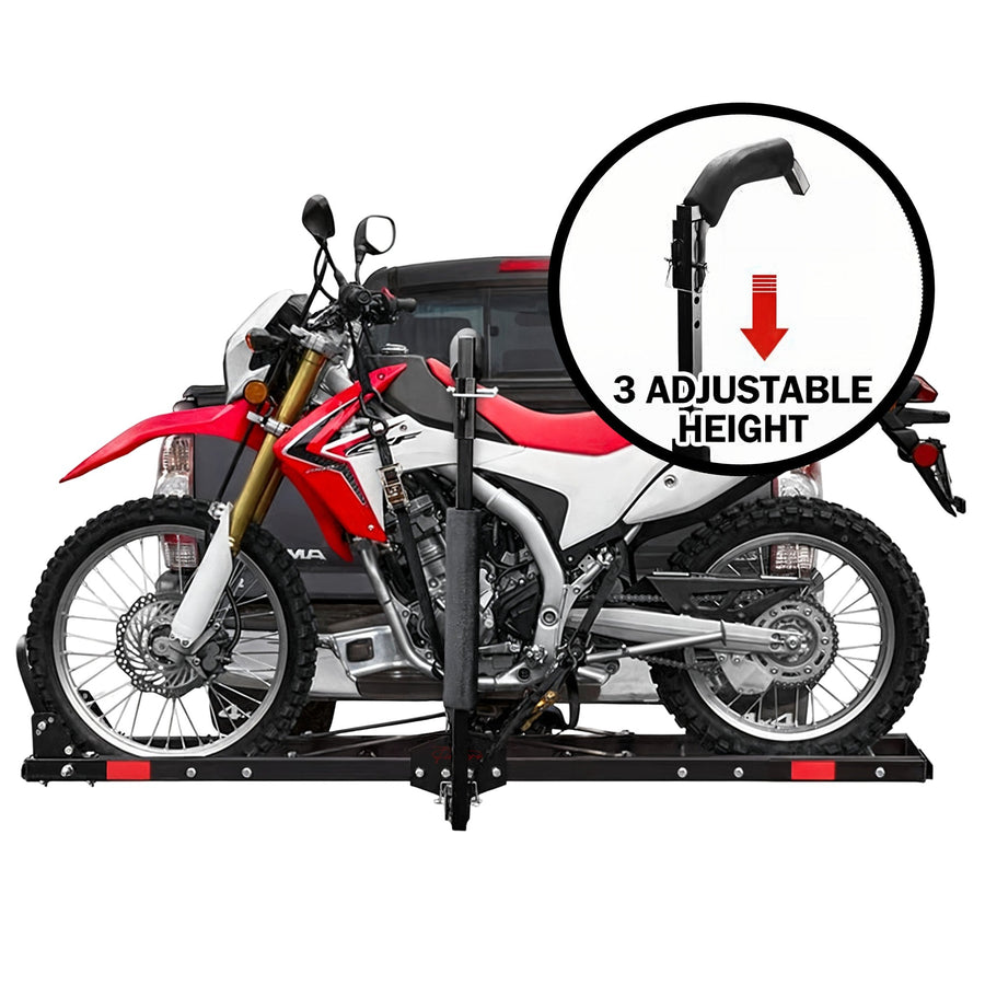 Black steel hitch-mounted motorcycle carrier rack with loading ramp, image 9
