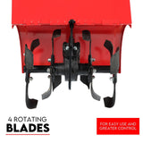 212CC Tiller Cultivator 4 Blades Rotating Tines Power Rotary Hoe Handheld - Close-Up Angle