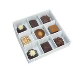 100 Pack of White Gift Boxes with Clear Sliding Lid - 9-Compartment Design for Chocolates and Treats - 12x12x3cm Flat Pack