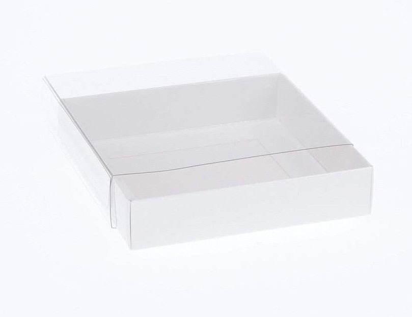 100 Count 10cm Square White Invitation Coaster Favor Gift Boxes with Clear PVC Lid - 2cm Deep for Cookies and Patisserie Treats