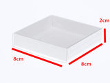 10 Pack of 8cm Square Wedding Invitation Coaster Favor Function product Presentation Cookie Biscuit Patisserie Gift Box - 2cm deep - White Card with Clear Slide On PVC Lid - Front View